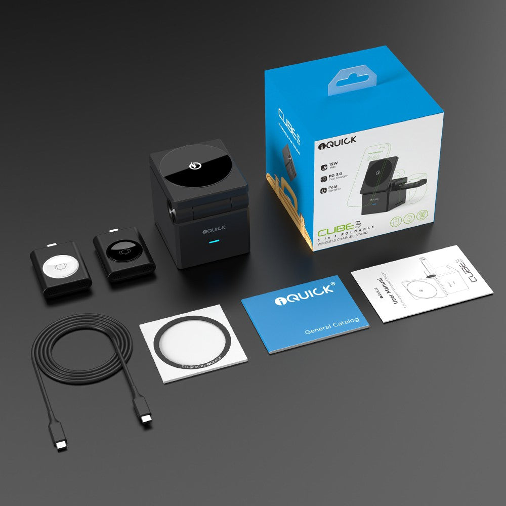 iQuick CUBE T1 3-in-1 Foldable Wireless Charger Stand | Compatible with Galaxy & Apple Watch Pads