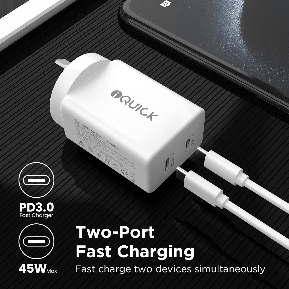 GaN II 45W PD3.0 Dual USB-C Ports Charging Adapter - White