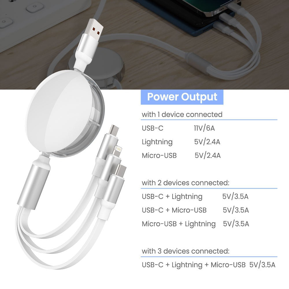 3 in 1 Retractable Fast Charge & Data Sync Cable IQTC2301 1.2m-White