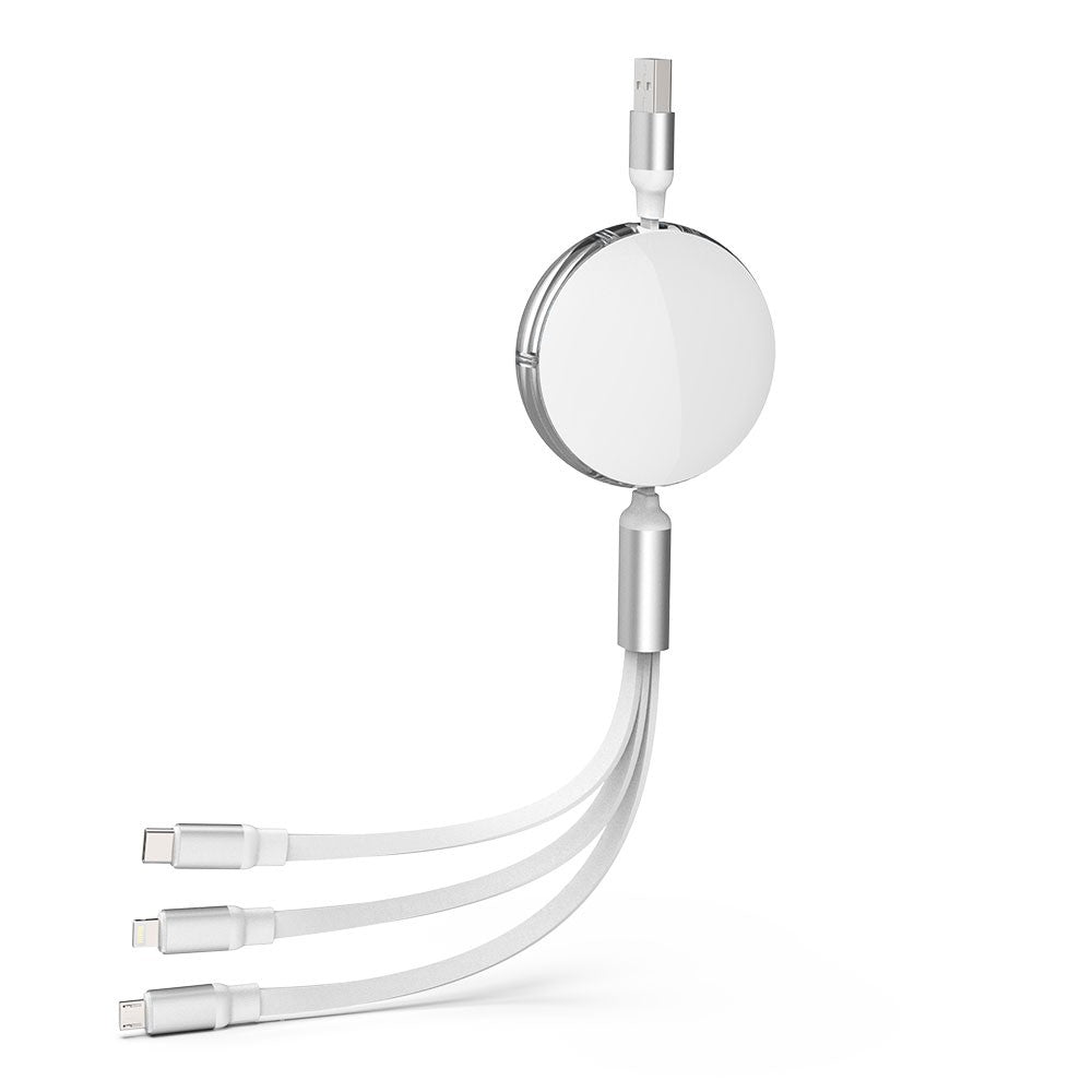 3 in 1 Retractable Fast Charge & Data Sync Cable IQTC2301 1.2m-White