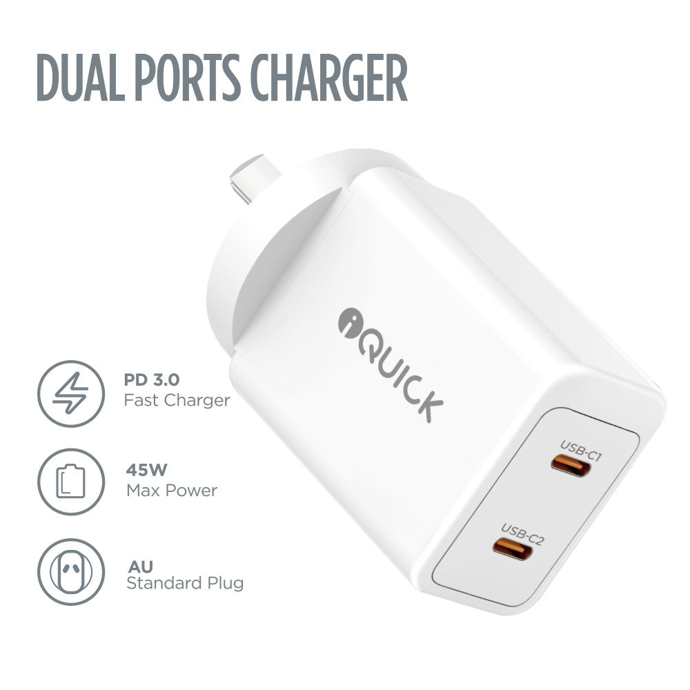 GaN II 45W PD3.0 Dual USB-C Ports Charging Adapter - White