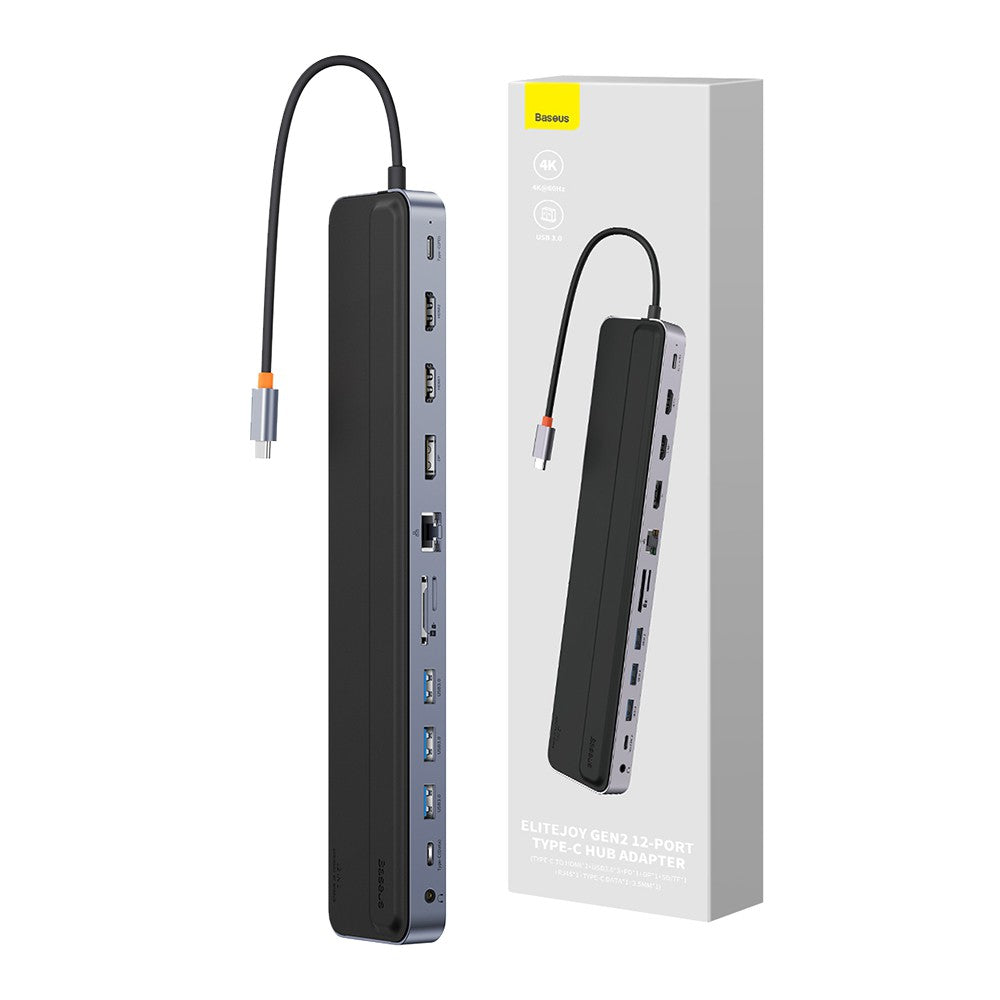 Baseus EliteJoy Gen2 12-Port USB-C Hub Adapter – Dual HDMI, DisplayPort, USB 3.0, PD, RJ45, SD/TF, 3.5mm (Dark Gray)