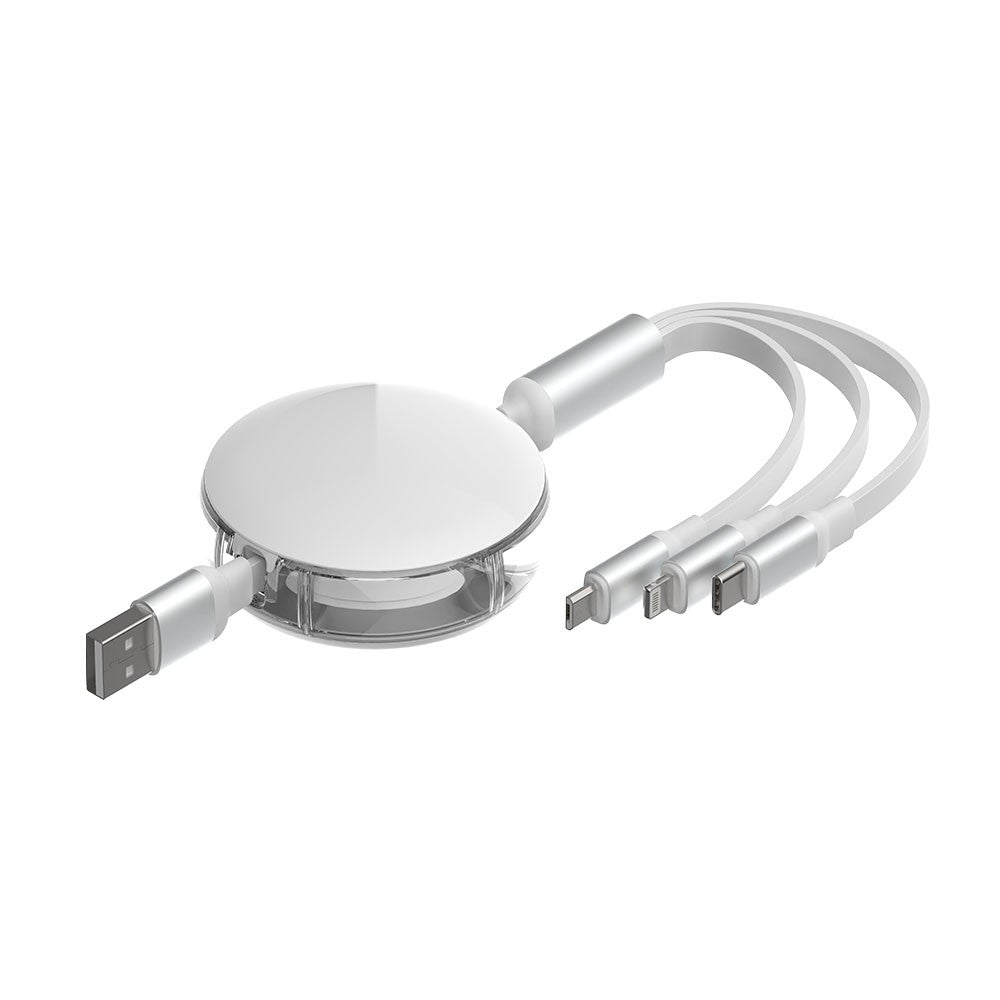 3 in 1 Retractable Fast Charge & Data Sync Cable IQTC2301 1.2m-White