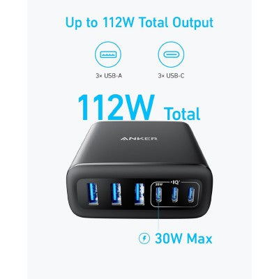 Anker 112W 6-Port USB Charging Station – PowerIQ Fast Charger for Phones, Tablets & Laptops (Model A2154T11)