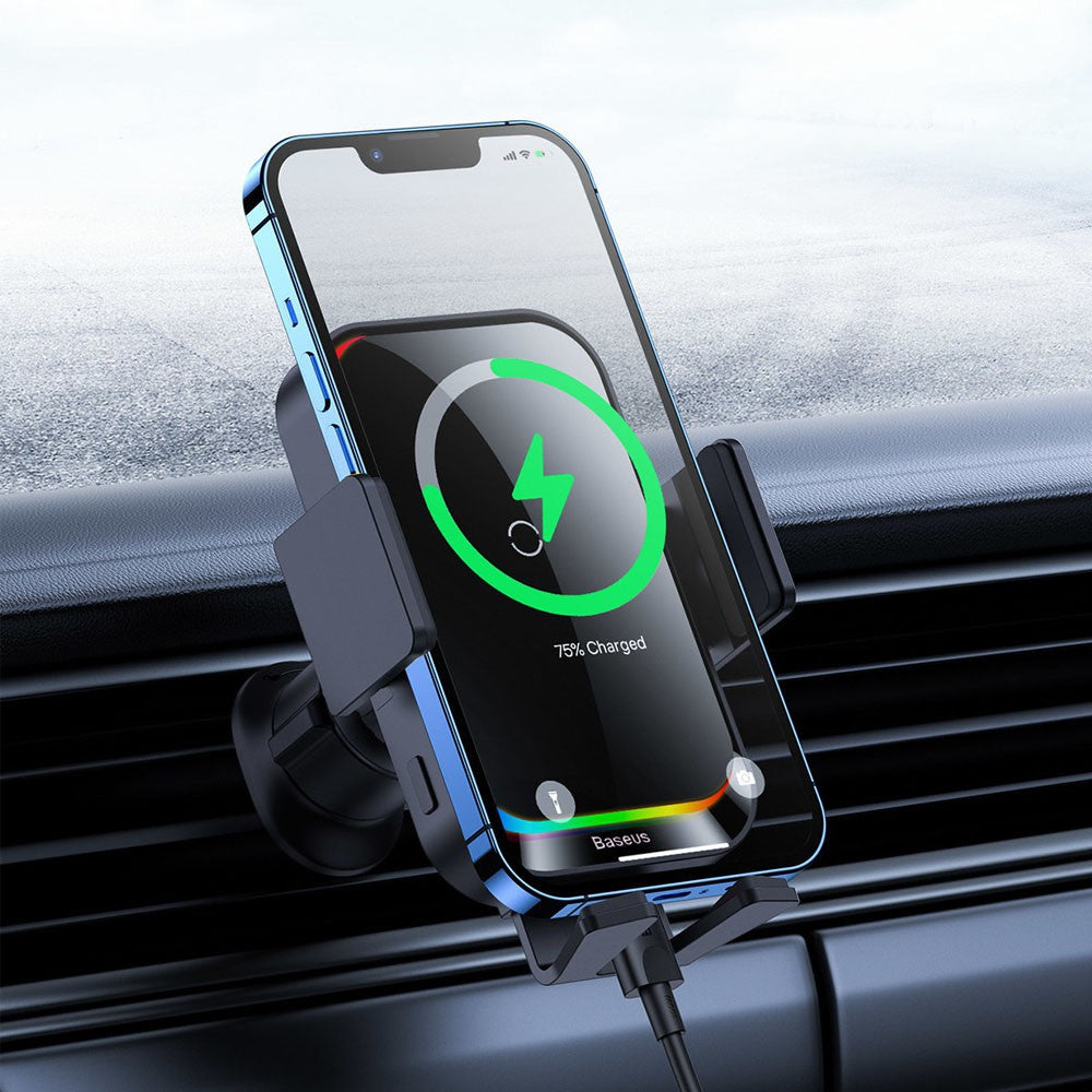 Baseus Halo Car Phone Holder with 15W Induction Wireless Charger – Air Vent Mount, Auto Alignment (SUDD000001, Black)