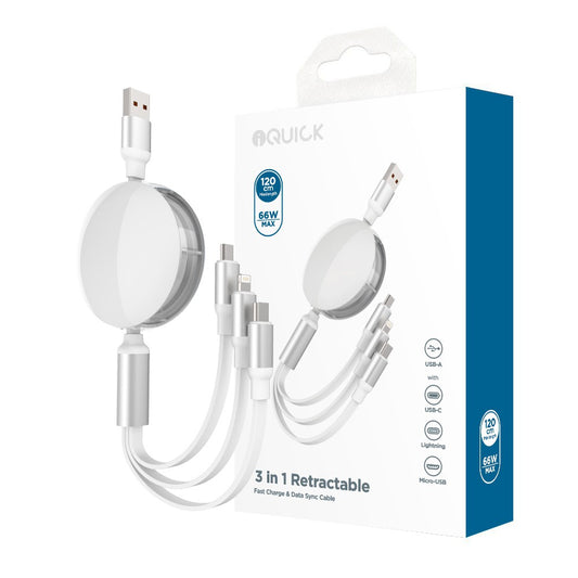 3 in 1 Retractable Fast Charge & Data Sync Cable IQTC2301 1.2m-White