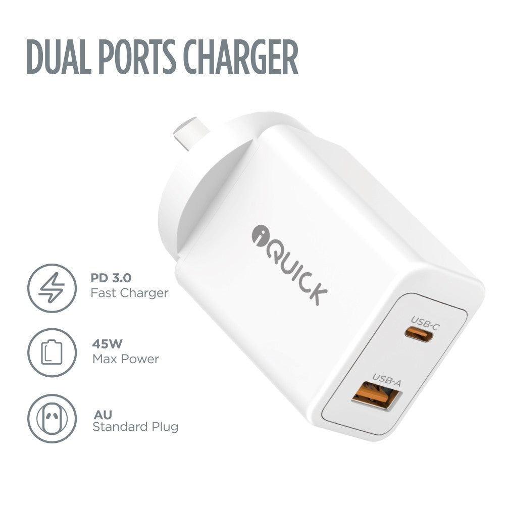 GaN II 45W PD3.0 QC3.0 Dual Ports Charging Adapter - White