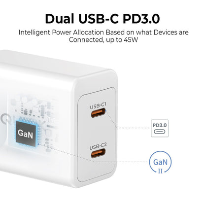 GaN II 45W PD3.0 Dual USB-C Ports Charging Adapter - White