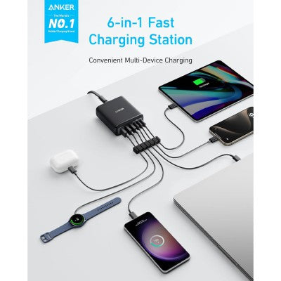 Anker 112W 6-Port USB Charging Station – PowerIQ Fast Charger for Phones, Tablets & Laptops (Model A2154T11)