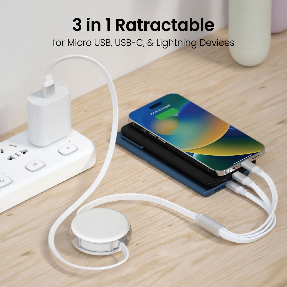 3 in 1 Retractable Fast Charge & Data Sync Cable IQTC2301 1.2m-White