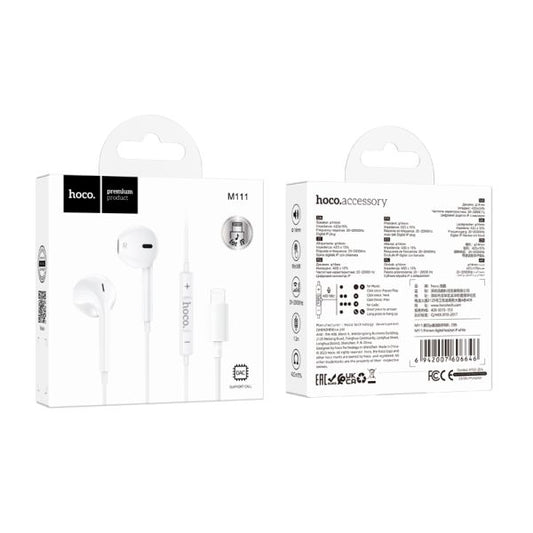 M111 Plug & Play Primero Digital Lightning Handsfree Earphones with Microphone – Wired In-Ear Headset for iPhone (White)