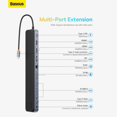 Baseus EliteJoy Gen2 12-Port USB-C Hub Adapter – Dual HDMI, DisplayPort, USB 3.0, PD, RJ45, SD/TF, 3.5mm (Dark Gray)