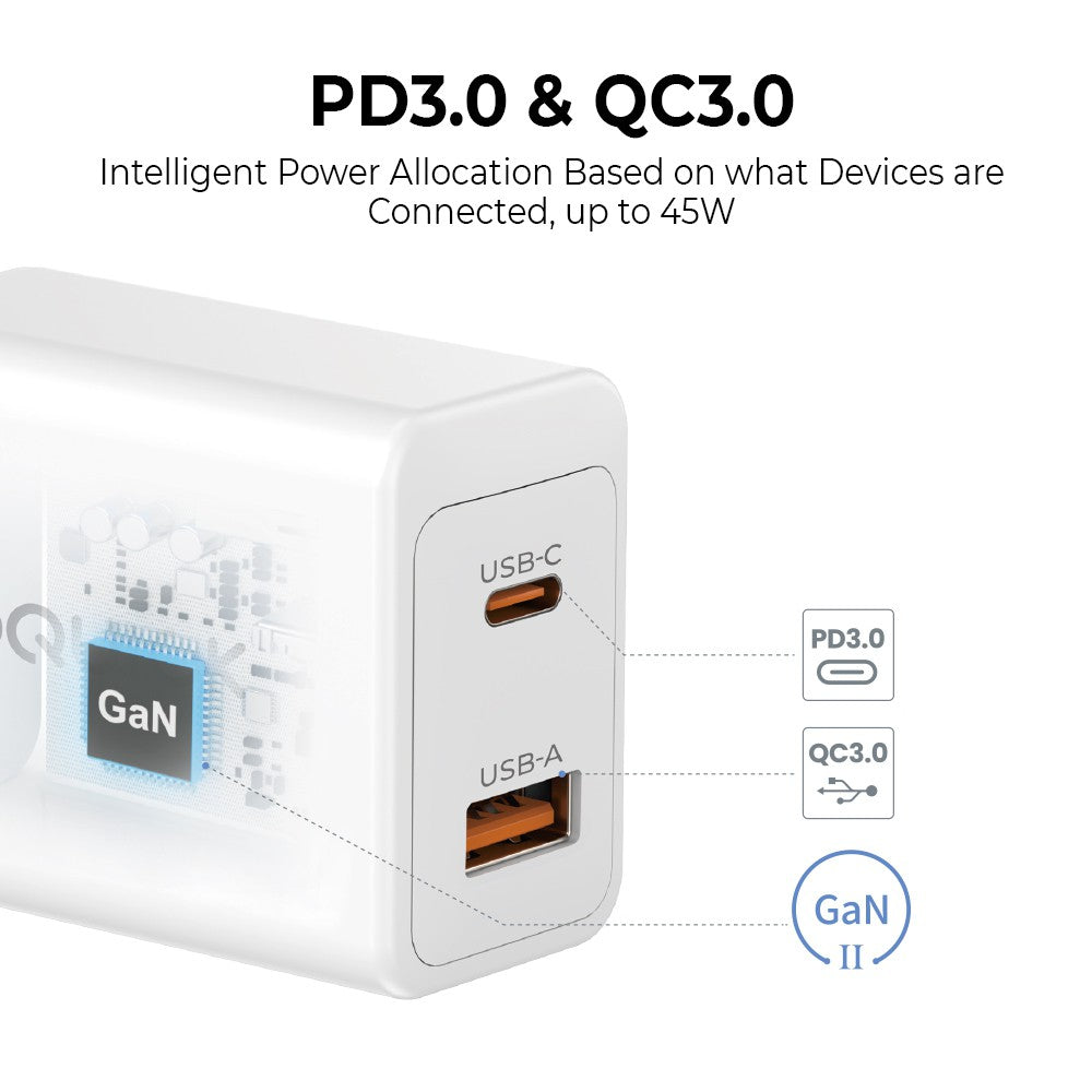 GaN II 45W PD3.0 QC3.0 Dual Ports Charging Adapter - White