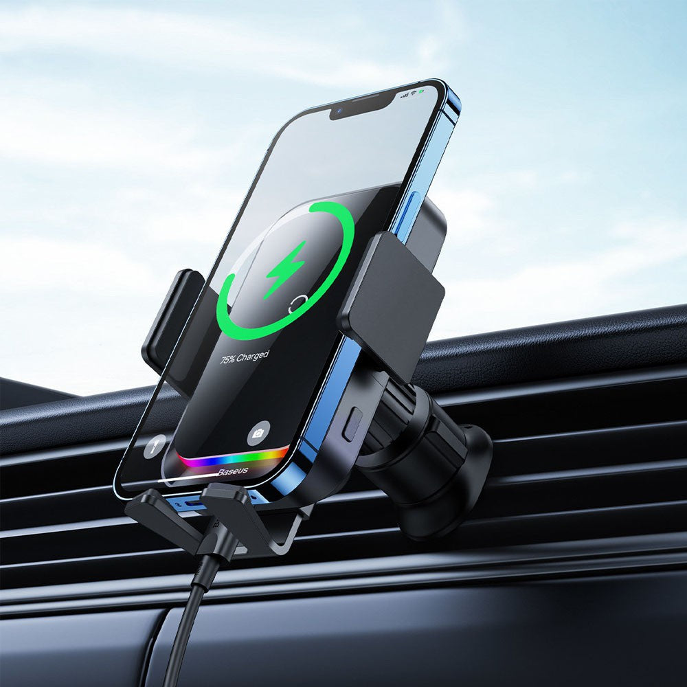Baseus Halo Car Phone Holder with 15W Induction Wireless Charger – Air Vent Mount, Auto Alignment (SUDD000001, Black)