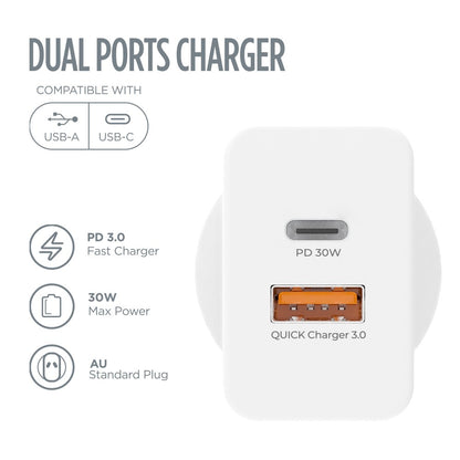 GaN II 30W PD3.0 QC3.0 Dual Ports Charging Adapter - White