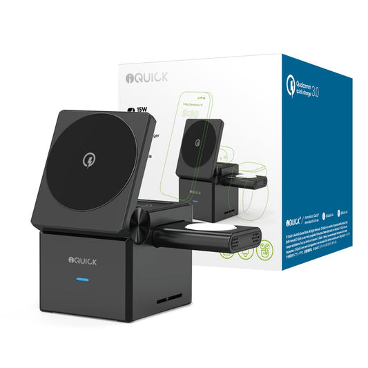 iQuick CUBE T1 3-in-1 Foldable Wireless Charger Stand | Compatible with Galaxy & Apple Watch Pads